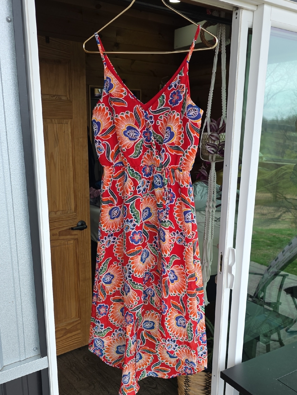 IZ BYER Vibrant Red Tropical Floral High-Low Sun Dress Small